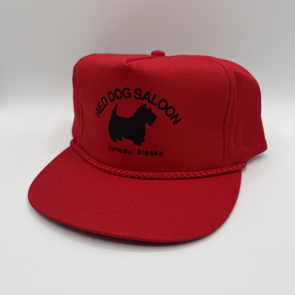 Vintage Red Dog Saloon Cap Rope Hat Juneau Alaska Souvenir Red Trucker